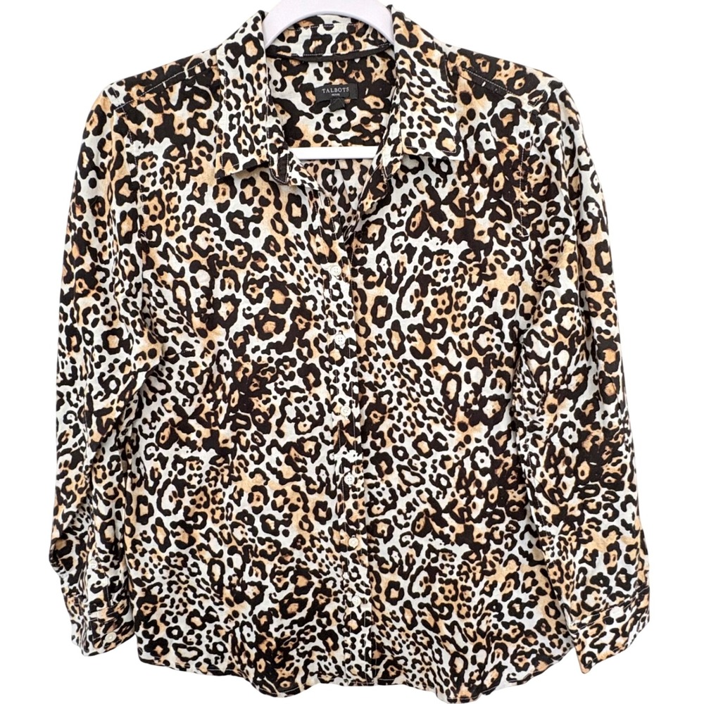 Talbots Leopard Print Button Up Shirt Large Petite Cotton Coquette Mob Wife L P